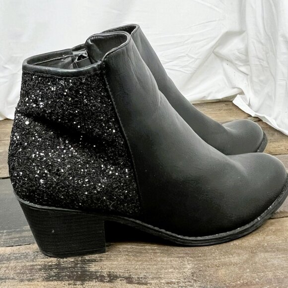 JG Black Leather / Glitter Round Toe Side Zip Block Heel Ankle Boots Size 12 - Picture 6 of 8